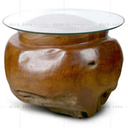 Teak root table with glass top