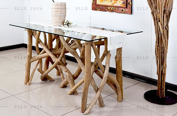 Glass dining table on teak branch base,Teak Furniture